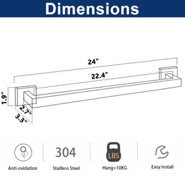 NearMoon Towel Bar, Bath Accessories Premium Thicken Stainless Steel Square Shower Towel Rack for Bathroom, Towel Holder Wall Mounted(1 Pack, Matte Black, 24 Inch)
