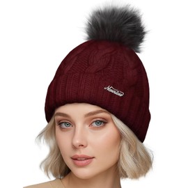 Neverless Women's Knitted Beanie, Fur, Pom Pom, for Winter -