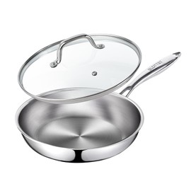 SLOTTET 11.5 Inch Tri-Ply Stainless Steel Frying Pan with Lid,Whole-Clad No Coatings Skillet with Stay-cool Handle for Cooking,Dishwasher and Oven Safe,Induction Pans