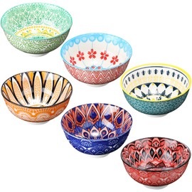 FillTouch 6 Pack 24 oz Ceramic Bowl Set Ceramic Dessert Bowls for Kitchen Serving Dishes Soup Salad Pasta Ramen Cereal Rice Bowl Colorful Design Cute Bowls Microwave and Dishwasher Safe, 6.25''