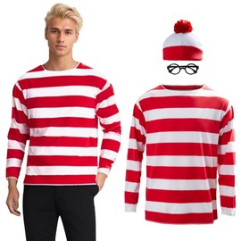 Powumie Red and White Striped Shirt Costume for Men Cosplay Knit Beanie Hat Black Glasses Outfit for Adult