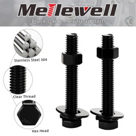 5/16-18 x 2-1/2" Hex Head Screws Bolts, Nuts, Flat & Lock Washers, Fully Threaded, Stainless Steel 18-8, Black Finish, 8 Sets