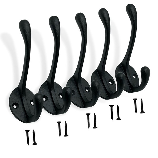 EDENIC 5Pcs Cast Iron Black Coat Hooks with 10 Screws - Easy to Install, Durable and Stylish Heavy Duty Coat Hooks Wall Mounted | Coat Hooks for Door, Wall, Entryway, Bedroom, Bathroom