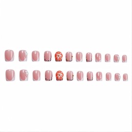 FORBELOVED NAILS|French Tip Leopard Press On Nails |Short Square Stick On Nails|Sparkly 3D Flower,Water Ripples False Nails For Women And Girls|12Sizes-24Pcs/Set With Glue|(Nude-SS)|FOB