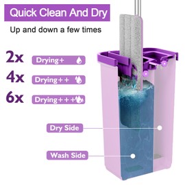 BOSHENG Mop and Bucket with Wringer Set, Hands Free Flat Floor Mop and Bucket, 3 Washable Microfiber Pads Included, Wet and Dry Use, Home Floor Cleaning System for All Floor Types and Windows, Purple