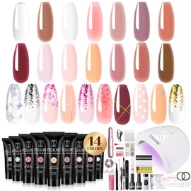 ROSALIND Poly Nail Gel Kit with Drill, 14PCS Nude Clear Poly Nail Gel Nail Starter Kit with Mini U V Lamp Electric Nail Drill Slip Solution Dual Forms Nail Tools for Nail Extensions Gel