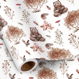 RUSPEPA Fall Bear Wrapping Paper Roll for Boys Girls, Mini Roll, Watercolor Forest Animal and Autumn Leaf Design Gift Wrap for Thanksgiving, Woodland Baby Shower, Fall Birthday, 17 Inches x 16.4 Feet