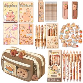 Bonito juego de papelería Capybara – Estuche grande para lápices, 4 cuadernos en espiral A5, 10 bolígrafos (2 estilos), 12 lápices, 2 borradores, esen