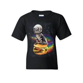Cat Flying a Rainbow Burger Youth T-Shirt Funny Astronaut Kitten Space Kids Tee Black Medium