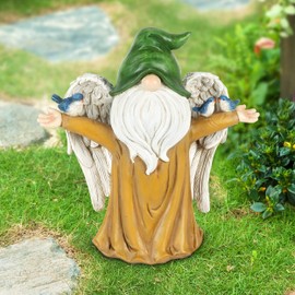 Exhart Angel Garden Gnome Statue with Wings, Birds, and Tree Trunk Body, 9 x 4.5 x 9.5 Inches