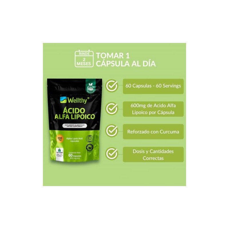 Wellthy cido Alfa Lipoico 60 Cpsulas. 300mg cu, NON GMO,