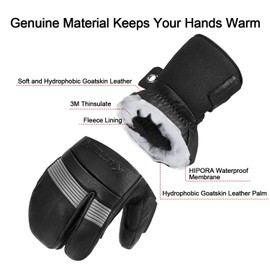 KUTOOK Ski Mittens Men Women with HIPORA Waterproof Membrane Goat Leather Gloves for Skiing Outdoor Black