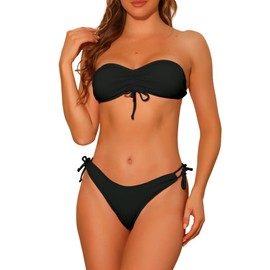 Elerevyo - Conjunto de bikini tipo bandeau sin tirantes para mujer, 2 piezas, traje de baño sólido con cordones, Negro -, Small