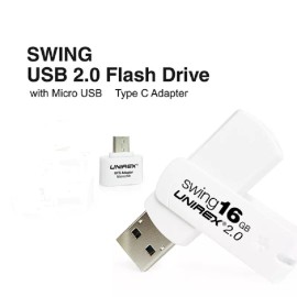 UNIREX 16GB USB 2.0 Swivel/Swing Flash Drive With Micro USB-C Adapter