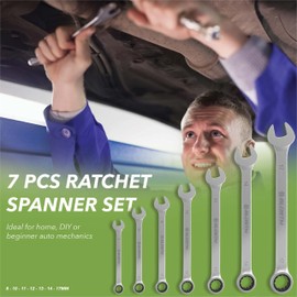 BLOSTM Ratcheting Combination Wrench Spanner Set - 7-Piece Metric Ratchet Spanner Set (8mm to 17mm), Combination Spanner Set for DIY, Car & Bike Repairs - Includes Roll-Up Storage Pouch 7 PCS