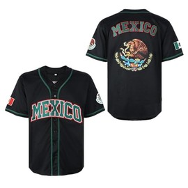 Men's Mexico Eagle Jersey Button Down Short Sleeve Hip Hop Baseball Jersey Stitched (US, Alpha, Large, Regular, Regular, Black)