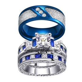 3pc Couple Ring Bridal Sets Women White Gold Plated Blue Sapphire Cz Man Titanium Band Wedding Ring for Him and Her