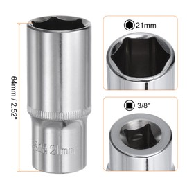 sourcing map 6-Point Socket 3/8" Drive 21mm Deep 2.52" Length 45# Steel Metric Square Drive Sockets Polishing Chromed Sockets for Car Repair Mechanical Maintenance Home Use