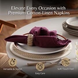 Ramanta Home Linen Flax Cloth Napkins Set of 12 - Soft & Durable Decorative Lace Dinner Napkin for Wedding Parties Events | Washable Premium Cotton Table Décor for Everyday Use 18x18 Inch - Burgundy