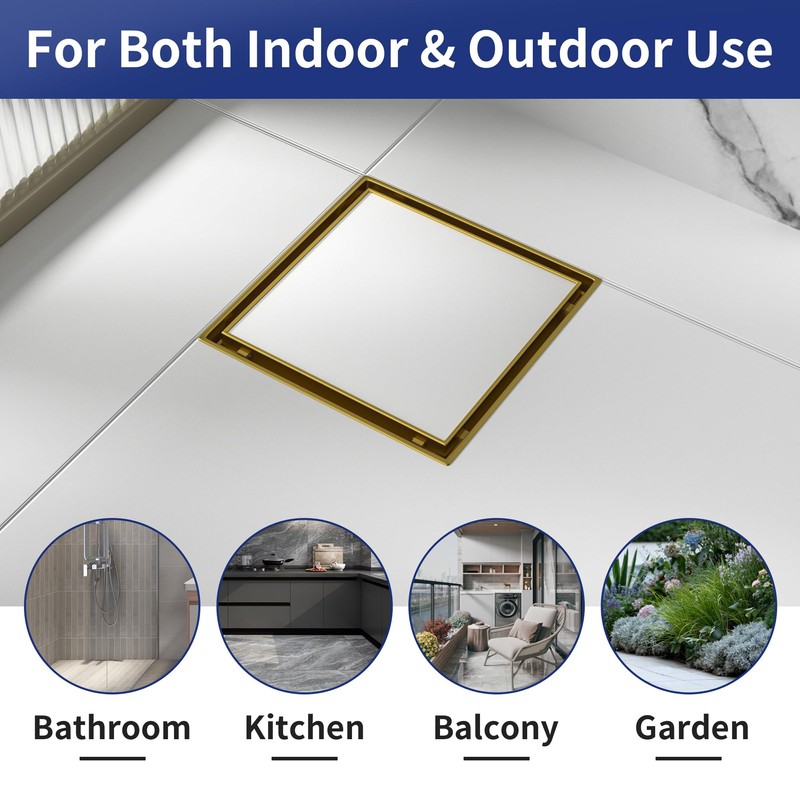 Bernkot Square Shower Drain 8", Brushed Gold Floor Drain with