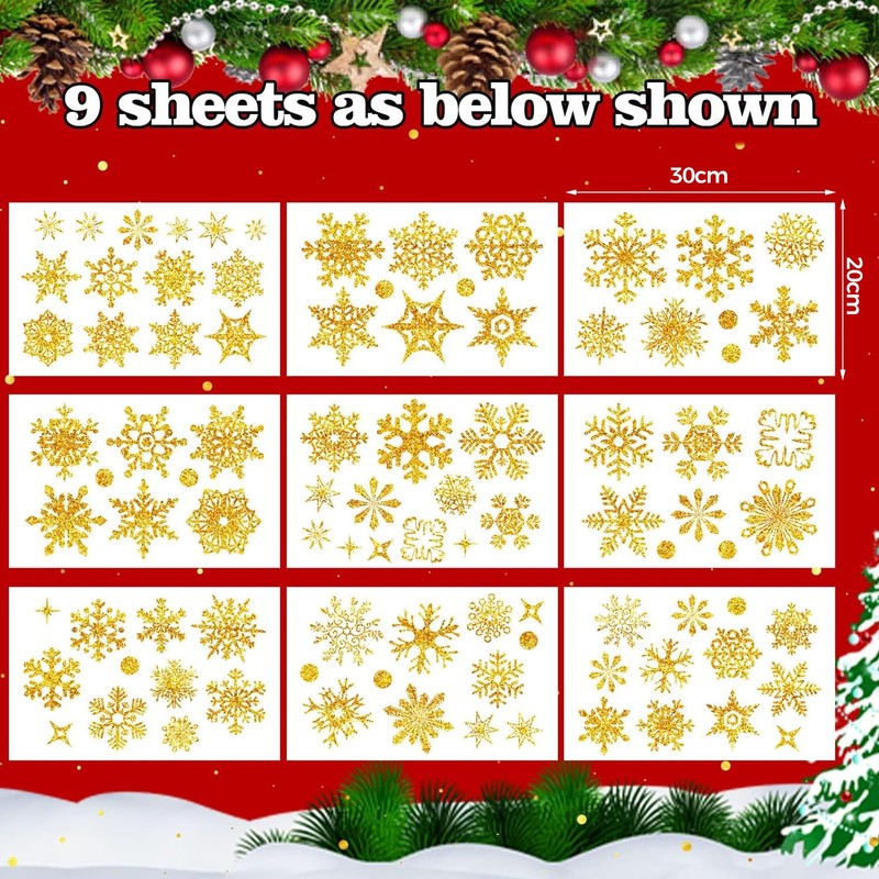 Pack of 9 Christmas Window Stickers (Gold Snowflake)