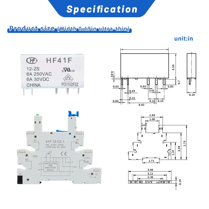 (2Pcs) Relay 12V Din Rail;Silm;DC 12V;HF41F/12-ZS 5 Pin 1NO 1NC