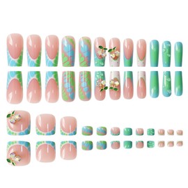 48Pcs Green Ombre Press on Nails,White French Tip Press on Toenails Set Long Square With Rhinestones Cherry Charms Design Glue on Nails & Toenails Full Cover Reusable Fake Nails for Women Manicure