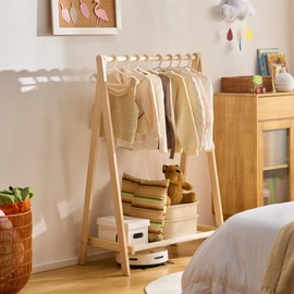BALANBO Kids Clothes Rack,Foldable Solid Wood Small Baby Clothes Rack with Bottom Storage Shelf,for Laundry Drying,Mini,Floor Standing,Portable(39.4" W)