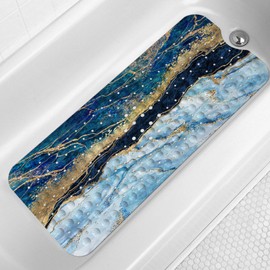 LNOND Marble Bath Tub Mat Non Slip, Extra Long 40 X 16 Inch Anti Slip Mat for Bathtub, Blue and Gold Marble Shower Mat with Drain Holes and Suction Cups, Machine Washable