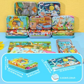 Libima 9 Boxes Party Favors Jigsaw Puzzles in a Metal Box for Age of 6-8, Wooden Puzzle for Ages 6-8 Boys and Girls Learning Educational Puzzles Toys, 9 Styles (Delicate Style)
