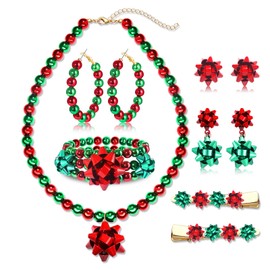 Boderier Christmas Jewelry Set for Women - Bow Necklace, Earrings, Bracelets, Hair Clips & Decoration - Holiday Gifts