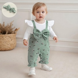 ZZLBUF Newborn Infant Baby Girl Clothes Fall Winter Long Sleeve Romper Corduroy Floral Bow One Piece Jumpsuit Cute Outfits (Green, 0-3 Months)