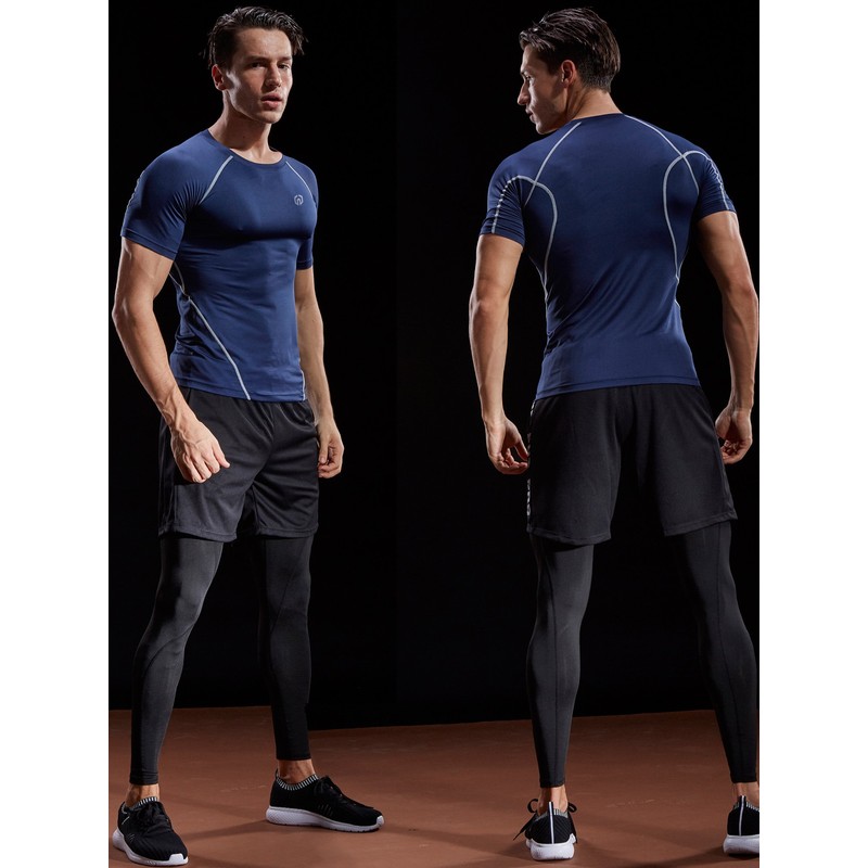 NELEUS Men's 3 Pack Compression Baselayer Athletic Workout T Shirts,5022,Black,Grey,Navy