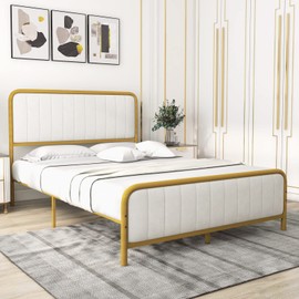 Giantex Full Size Gold Bed Frame with Velvet Headboard and Footboard, Upholstered Platform Bed with 9.5 inch Under-Bed Storage, Heavy-duty Metal Slats Support Mattress Foundation, No Box Spring Needed