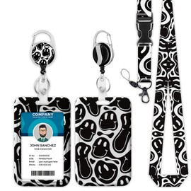 Black White Smiley Face Lanyards for ID Badges, Hippie ID Badge Holder with Lanyard Retractable Badge Holder/Reel Lanyard, Teacher Student Office Gifts