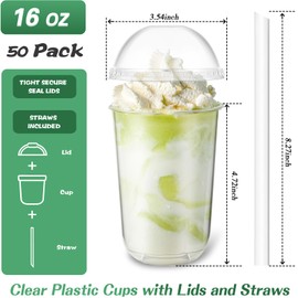 Ziliny 50 Set Plastic Cups with Lids and Straws Plastic Disposable Round Bottom Cup for Cold Drinks Iced Coffee Juice Smoothie Milkshake Crystal Coffee Shop Party Catering(16 oz)
