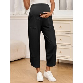 Yousify Womens Maternity Pants Casual Wide Leg Stretchy Ribbed Palazzo Pregnancy Trousers with Pockets Black