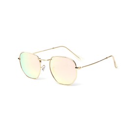 Kelens Hexagon Sunglasses For Women Men Polarized Square Sunglasses UV Protection Polygon Metal Frame Sun Glasses, Gold/Rose Gold Mirrored