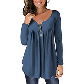 Ranphee Women's V-Neck Button Down Tunic Elegant Tops, L Blue Grey
