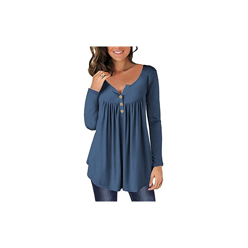 Ranphee Women's V-Neck Button Down Tunic Elegant Tops, L Blue