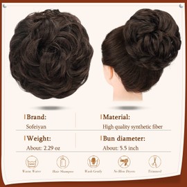 SOFEIYAN Claw Clip Messy Bun Hair Piece Wavy Curly Hair Bun Clip in Claw Chignon Ponytail Hairpieces Synthetic Tousled Updo Hair Extensions Scrunchie Hairpiece for Women, Darkest Brown/Dark Auburn Mix