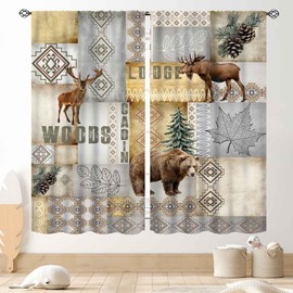 Rustic Cabin Curtains, Vintage Country Bear Moose Elk Deer Hunting Wild Animals Farmhouse Lodge Cottage Retro Blackout Window Drapes Treatments for Living Room Bedroom Kitchen 2 Panels, 55"x63" Inch