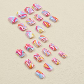 Pikabows Press On Nails Short Square Rainbow Swirl Colorful Fake Nails Acrylic False Nail Tips Kit Glue on Nails for Women