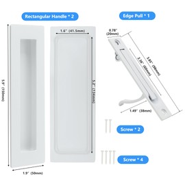 Dontay Pocket Door Pull Handle, 304 Stainless Steel, Rectangle Recessed Flush Finger Pulls & Edge Spring Pull, No Lock,Hardware Set for More Than 1-1/8” Thickness Sliding Door (1 Set,White,6'')