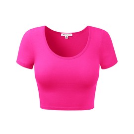 Women Cotton Scoop Neck Crop Tops Short Sleeve Basic Casual Shirts HOTPINK M