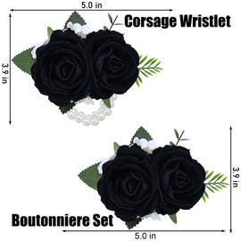 Vkkperp 2Pcs Black Artificial Rose Wrist Corsage Wristlet Band and Boutonniere Set, for Wedding Bride Bridesmaids Men Groom Groomsmen Flowers Accessories Prom Party Suit Decor