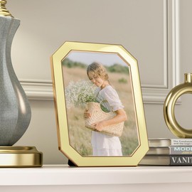 RICHFOCUS 5x7 Enamel Picture Frame with HD-Tempered Glass, Octagon Photo Frame with Gold Metal Edge for Tabletop and Wall Mount Display, Yellow