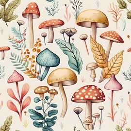 MuralPeel Cute Fairyland Mushroom Leaf Botanical Plants Peel and Stick Wallpaper Self Adhesive Removable Easy Peel Off Stick on Wall Paper for Bedroom Cabinet Renter Friendly