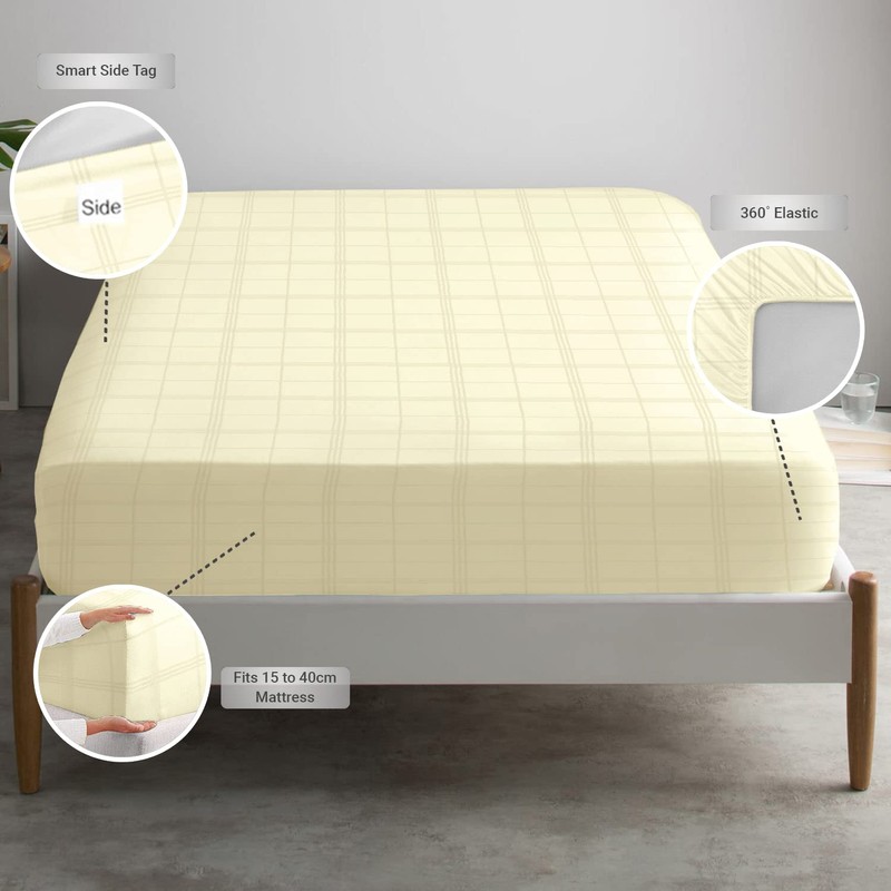 Pizuna Cotton Cream Big Checks Fitted Bed Sheets Double, 300
