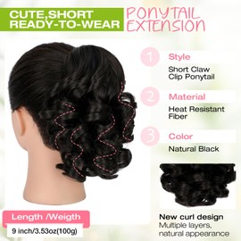 Fanguilar Ponytail Extension, 9" Short Claw Clip Ponytail Extension Curly Wavy Jaw Clip on Pony Tails Hair Extension Synthetic Hairpiece for Women, Black Brown